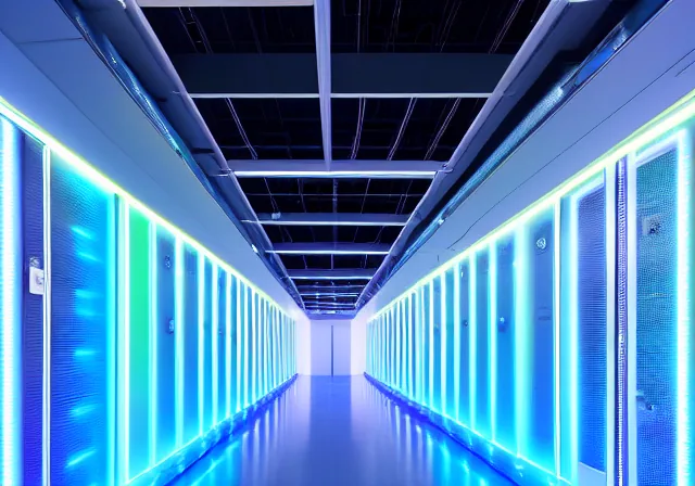 Pasillo de racks de servidores iluminados en azul